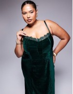 Curve velvet corset midi dress with lace insert in deep teal