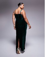 Curve velvet corset midi dress with lace insert in deep teal