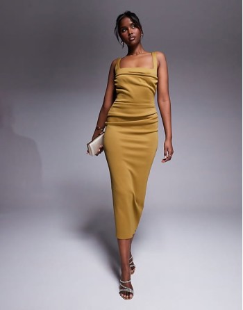 scuba curved neckline midi dress with split in bronze