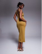 scuba curved neckline midi dress with split in bronze