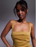 scuba curved neckline midi dress with split in bronze