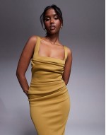 scuba curved neckline midi dress with split in bronze