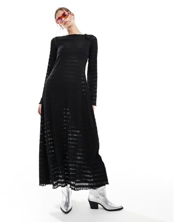 open knitted pointelle beach maxi dress with long sves and open back in black