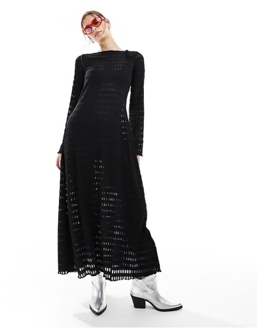 open knitted pointelle beach maxi dress with long sves and open back in black