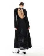 open knitted pointelle beach maxi dress with long sves and open back in black