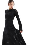 open knitted pointelle beach maxi dress with long sves and open back in black
