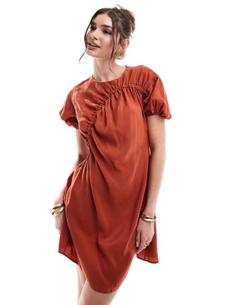 Huge Discount puff sve mini smock dress with ruching detail in rust