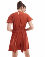 Huge Discount puff sve mini smock dress with ruching detail in rust