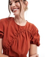Huge Discount puff sve mini smock dress with ruching detail in rust