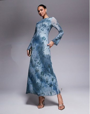 London flare sve sheer detail maxi dress in teal flower print
