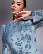 London flare sve sheer detail maxi dress in teal flower print