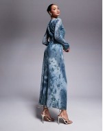 London flare sve sheer detail maxi dress in teal flower print