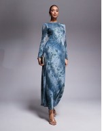 London flare sve sheer detail maxi dress in teal flower print