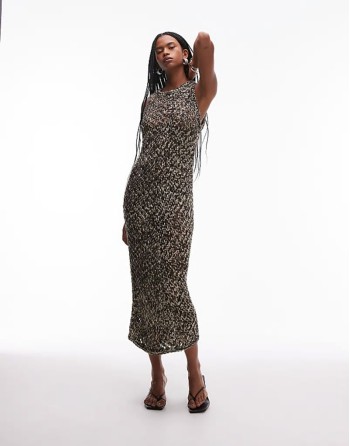crochet knitted maxi dress in beige and black twist