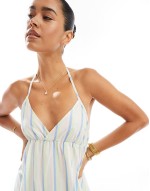 wrap halter mini dress in stripe