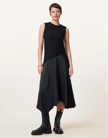 Pia drop hem satin maxi dress in black