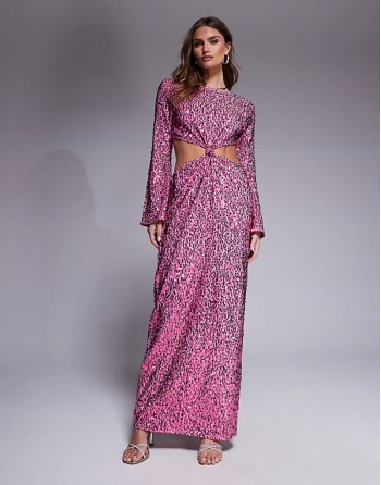 sequin angel sve maxi dress with cut outs and knot detail in bright pink