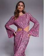 sequin angel sve maxi dress with cut outs and knot detail in bright pink