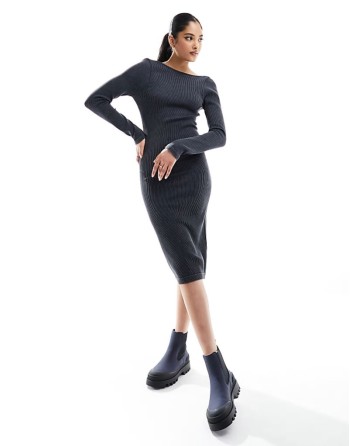 seamless rib midi long sve dress in washed charcoal