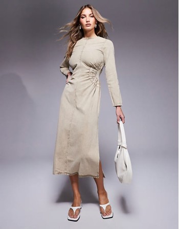 washed twill midi dress with circle side detail in stone acid wash