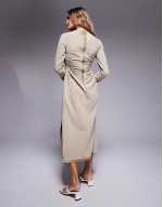washed twill midi dress with circle side detail in stone acid wash