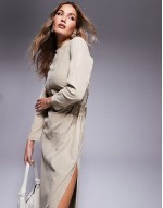 washed twill midi dress with circle side detail in stone acid wash