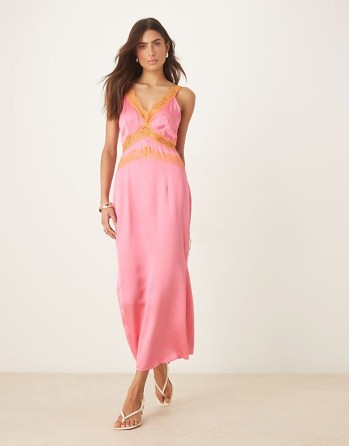 lace insert midaxi dress in pink and orange
