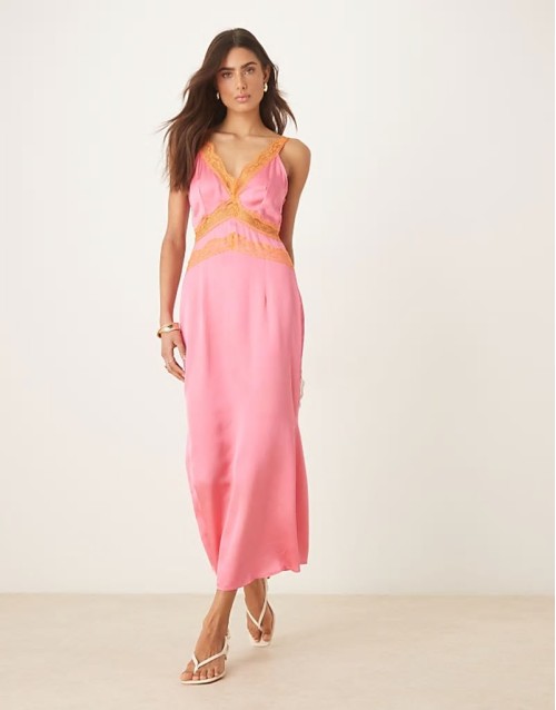 lace insert midaxi dress in pink and orange