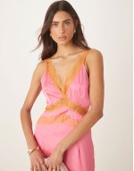 lace insert midaxi dress in pink and orange