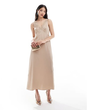 midaxi slip dress with lace trim detail in light beige