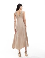 midaxi slip dress with lace trim detail in light beige