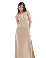 midaxi slip dress with lace trim detail in light beige