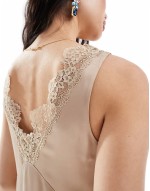 midaxi slip dress with lace trim detail in light beige