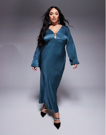 Curve v neck satin blouson sve midaxi dress in dark teal