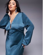 Curve v neck satin blouson sve midaxi dress in dark teal