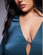 Curve v neck satin blouson sve midaxi dress in dark teal