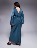 Curve v neck satin blouson sve midaxi dress in dark teal