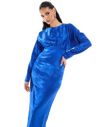 satin maxi dress with kimono sve in blue