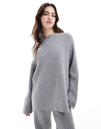 ribbed knit oversized jumper & wide leg trousers co-ord in light grey