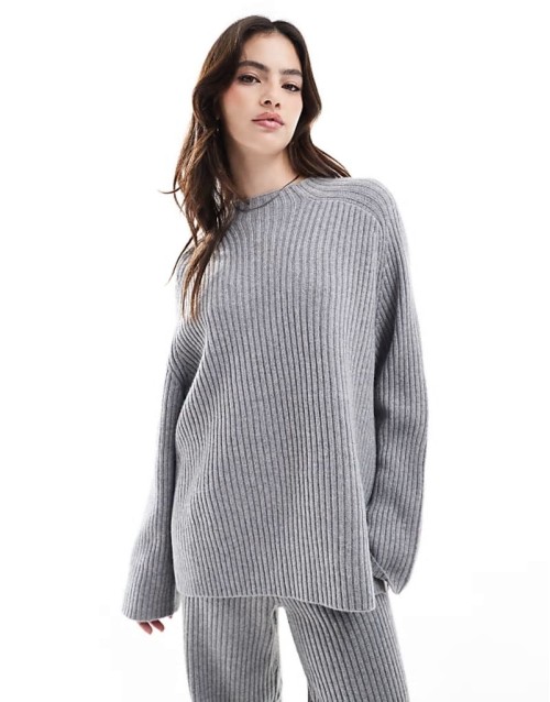 ribbed knit oversized jumper & wide leg trousers co-ord in light grey
