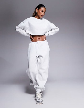 cropped sweatshirt and joggers co-ord in light grey