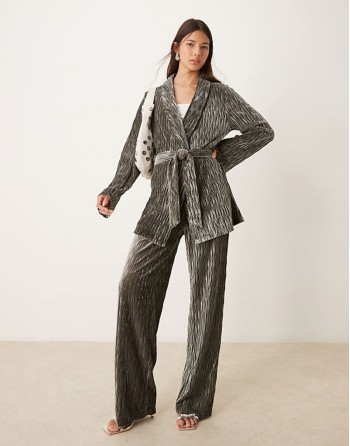 textured velvet belted blazer and high waisted trousers co-ord in black ink