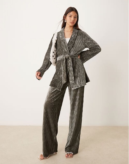 textured velvet belted blazer and high waisted trousers co-ord in black ink