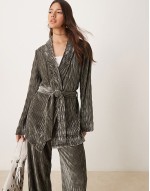 textured velvet belted blazer and high waisted trousers co-ord in black ink