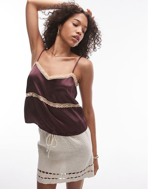 satin lace cami in wine with apricot lace